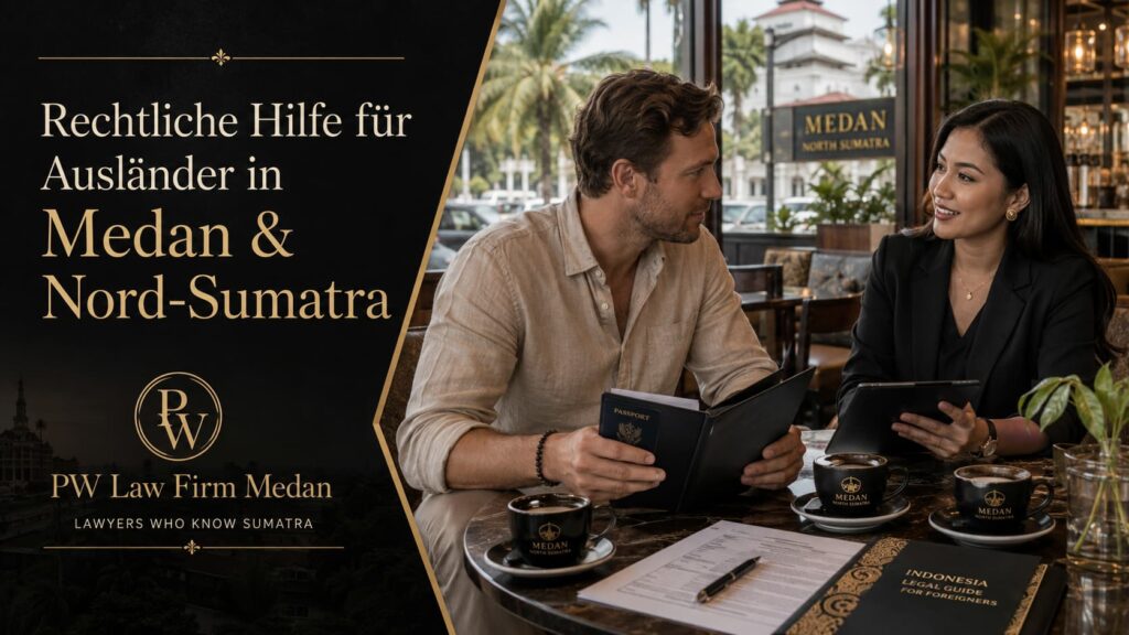 Rechtliche Hilfe für Ausländer in Medan durch PW Law Firm Medan in einer Café-Beratung mit Dokumenten, Reisepass und rechtlicher Erstberatung.